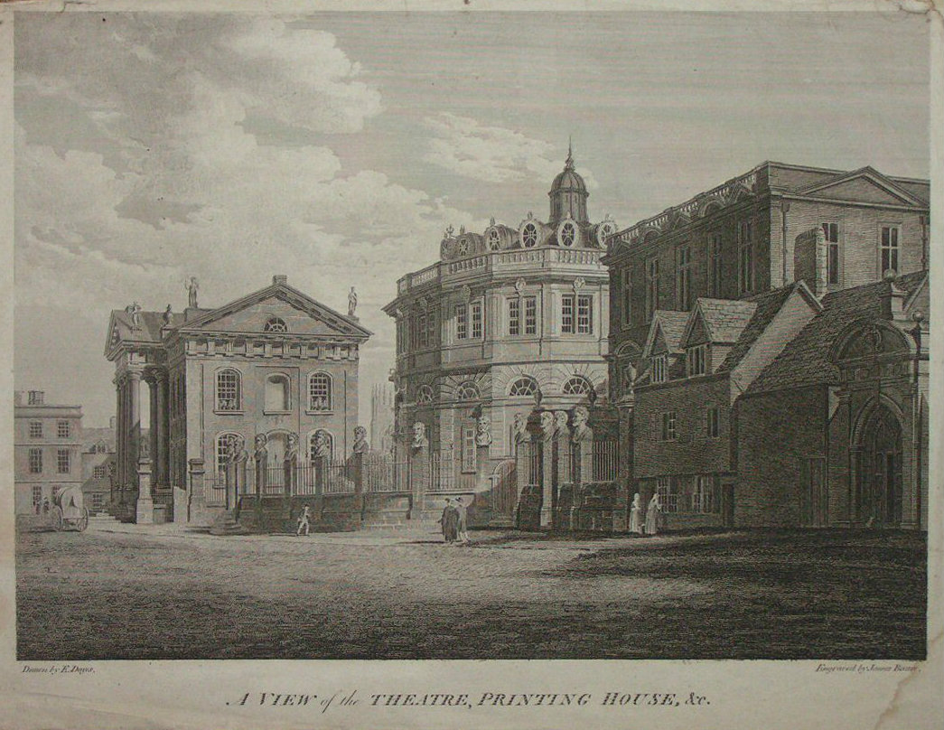 Print - A view of the Theatre, Printing House, &c Oxford - Basire